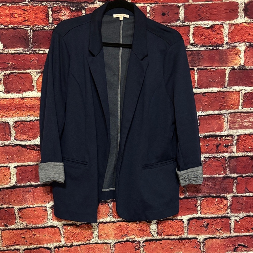 Stitch Fix Brand Navy Open Front Blazer with Grey Roll Cuffs